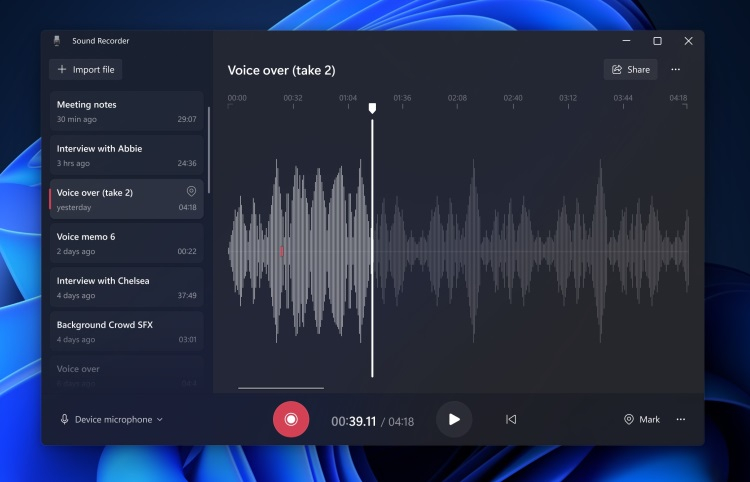 В Windows 11 появилась бета-версия приложения «Звукозапись» для записи и воспроизведения звуков